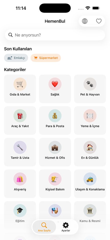 HemenBul kategori ekranı