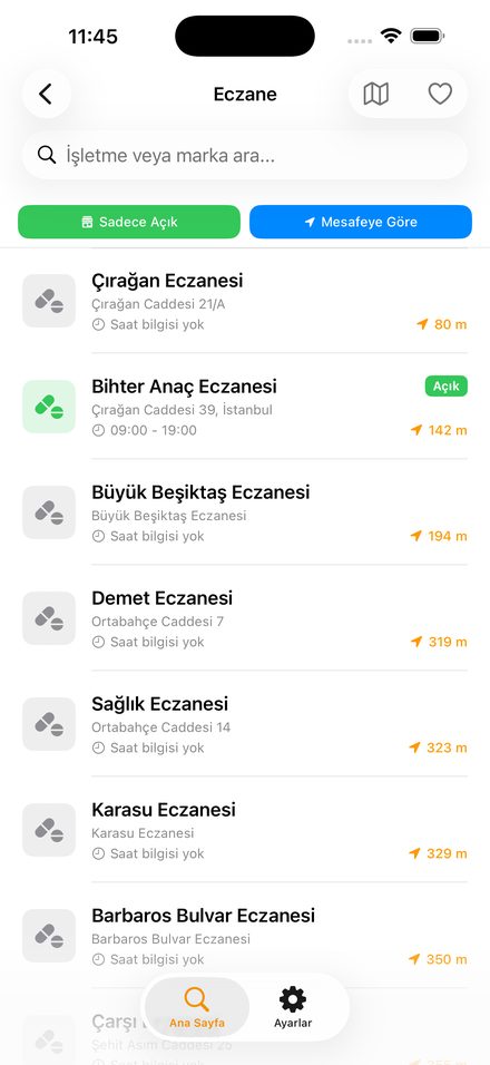 HemenBul yakındaki eczaneler listesi